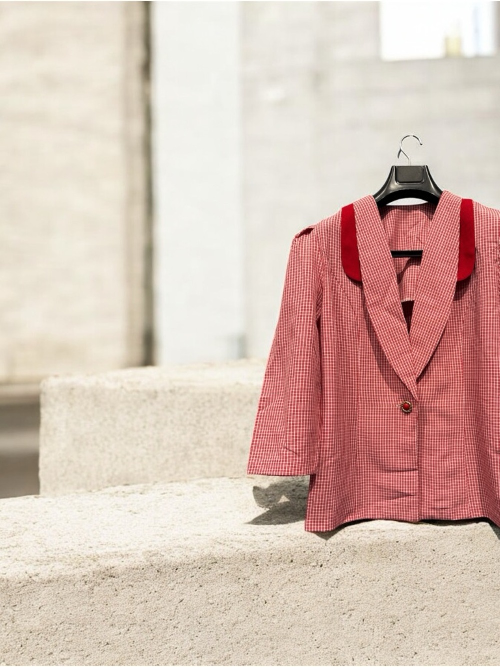 Checked Red Women’s Blazer with Contrast Collar